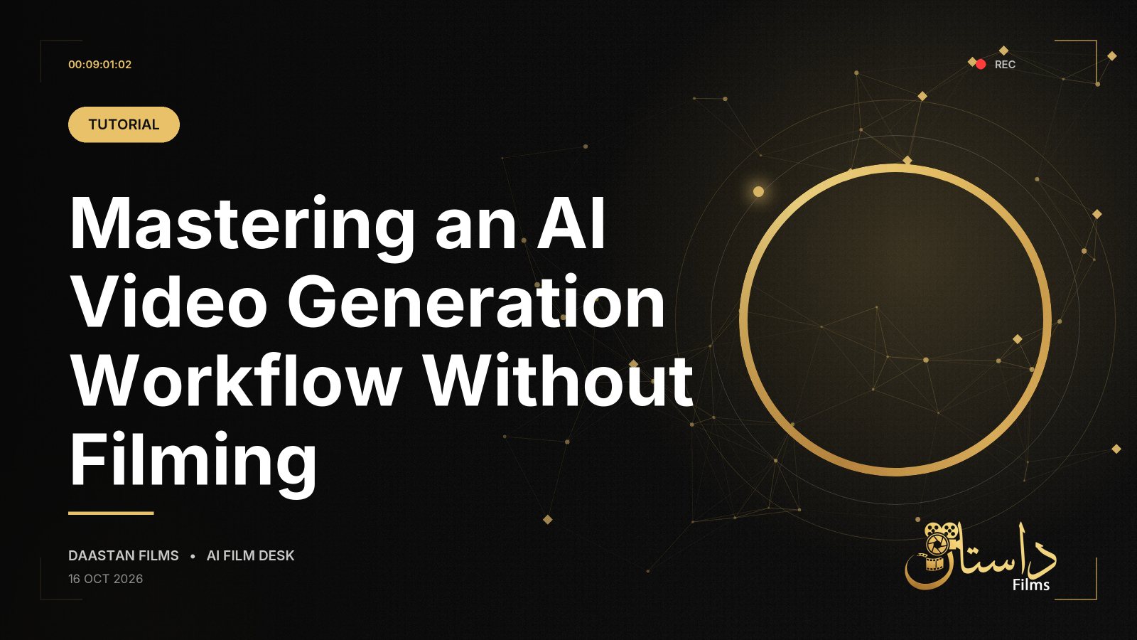Cinematic abstract visual representing automated video generation workflows without cameras